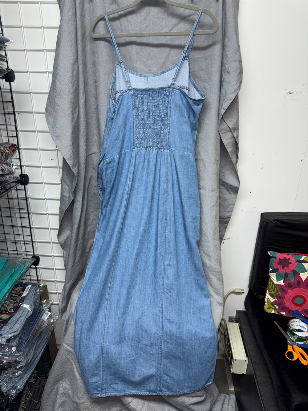 Light Blue Denim Slip Spaghetti Strap Dress with Front Slit - Picture 3 of 7